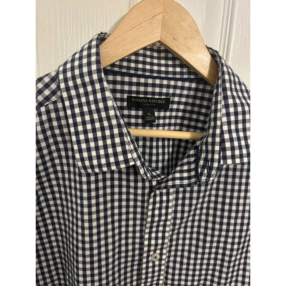 Banana Republic XL Slim‎ Fit Gingham Button Down Shirt Navy Blue White Stretch
